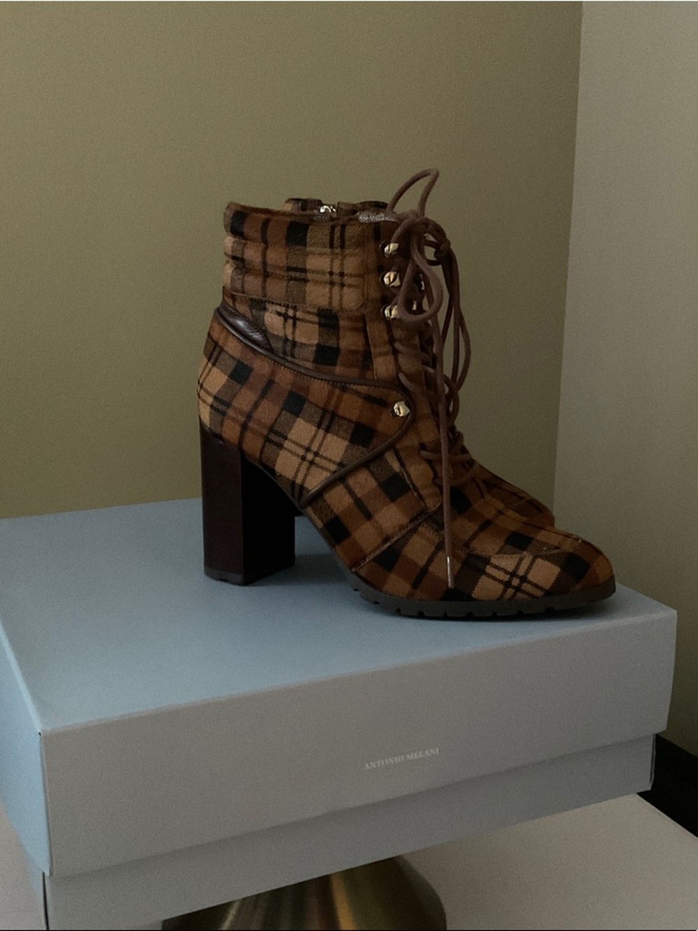 ANTONIO MELANI Tan and Black Plaid Lace-Up Block Heel Ankle Boots - Picture 4 of 5